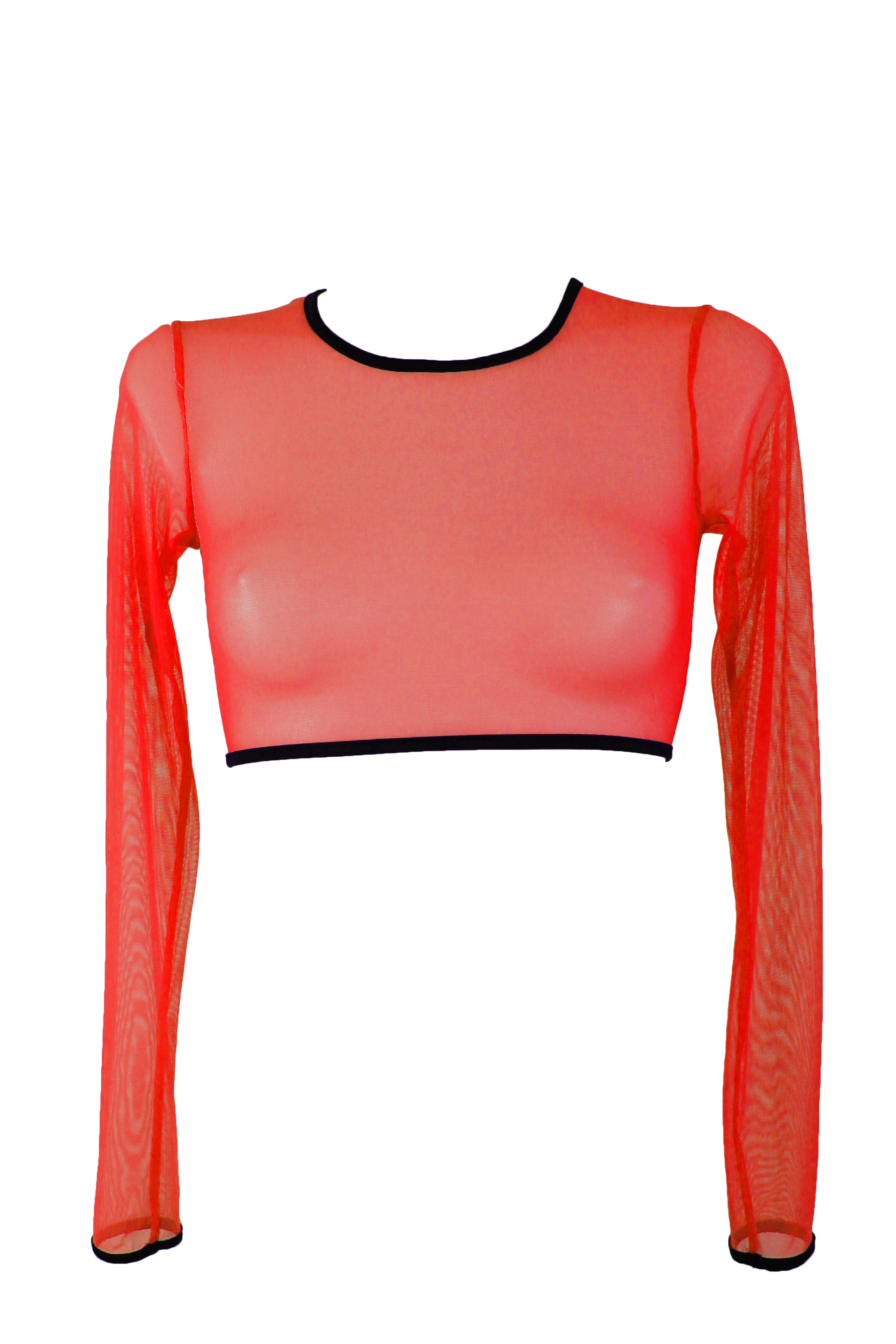 Long Sleeve Mesh Crop T-Shirt / RED - EXES LINGERIE