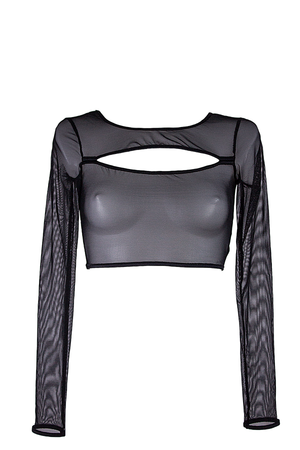 Crop Top Slit front Long sleeve Mesh T-Shirt / BLACK MESH NAUTICA - EXES LINGERIE