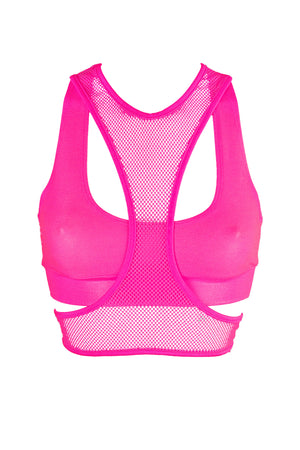 Layered Crop Top Set / Hologram layered with Fishnet / DOUBLE TOP NEON PINK