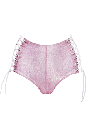HIGH-WAISTED Lace-up Hot-Pant Bottoms / BABY PINK Hologram - EXES LINGERIE