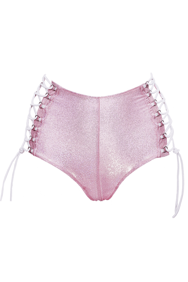 HIGH-WAISTED Lace-up Hot-Pant Bottoms / BABY PINK Hologram - EXES LINGERIE
