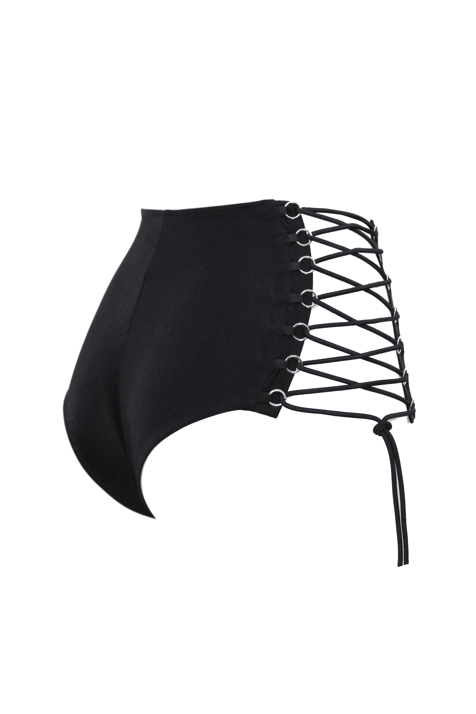 High Waisted Lace-up Hot-Pant / High-Cut cheeky Panties / BLACK - EXES LINGERIE