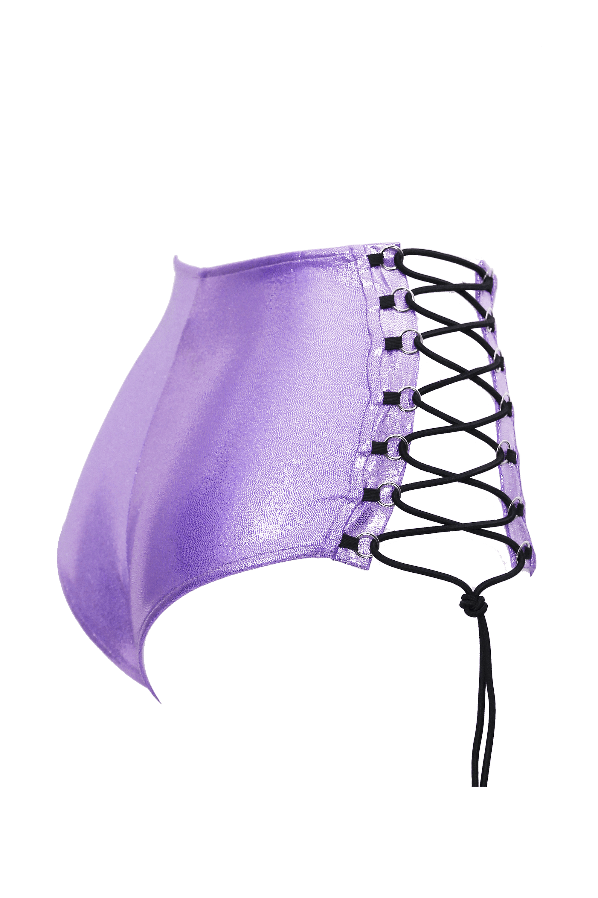 HIGH-WAISTED Lace-up Hot-Pant Bottoms / LILAC Hologram - EXES LINGERIE