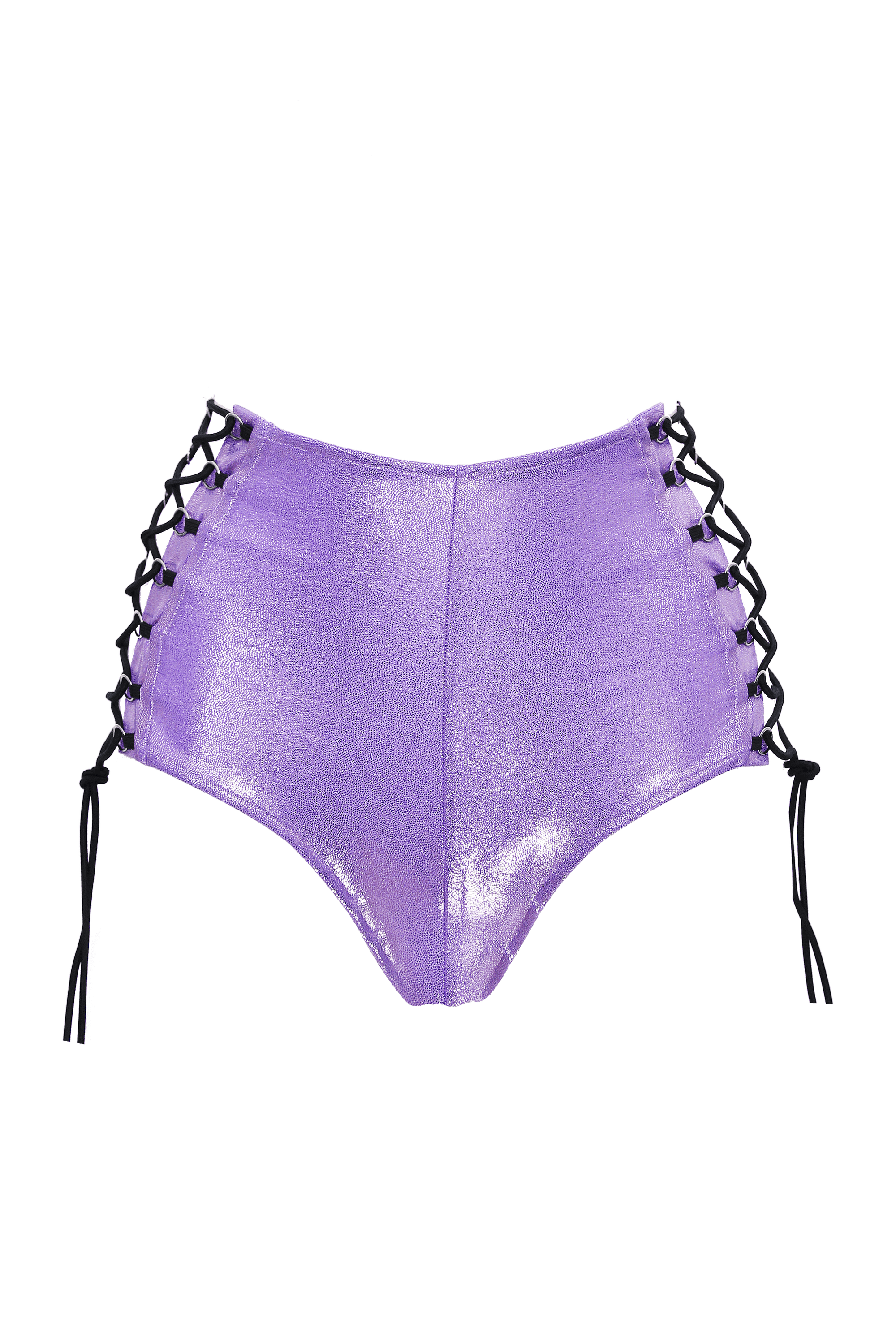 HIGH-WAISTED Lace-up Hot-Pant Bottoms / LILAC Hologram - EXES LINGERIE