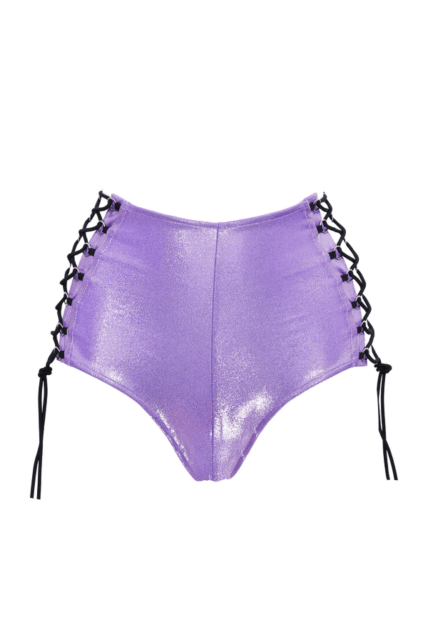 HIGH-WAISTED Lace-up Hot-Pant Bottoms / LILAC Hologram - EXES LINGERIE