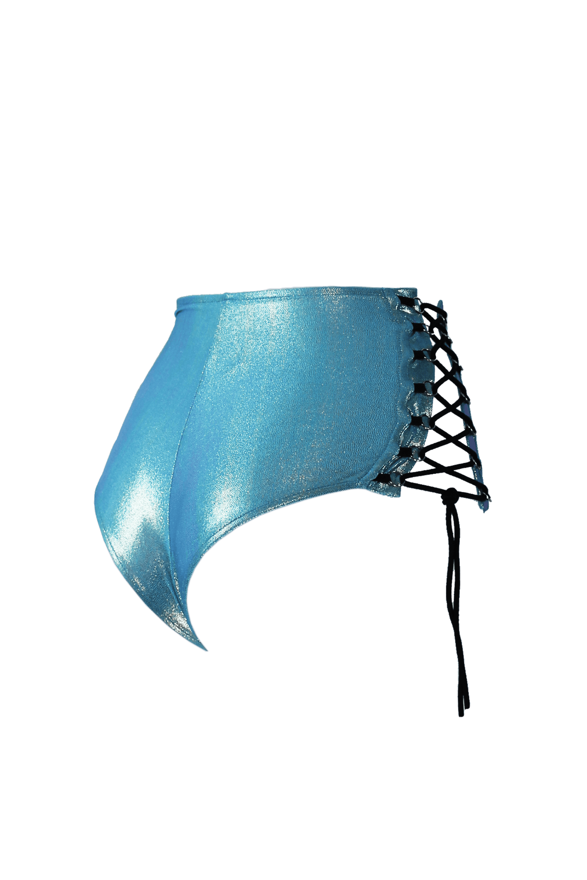 HIGH-WAISTED Lace-up Hot-Pant Bottoms - TURQ/AQUA Hologram - EXES LINGERIE