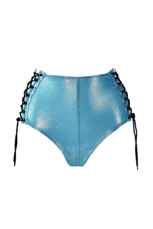 HIGH-WAISTED Lace-up Hot-Pant Bottoms - TURQ/AQUA Hologram - EXES LINGERIE