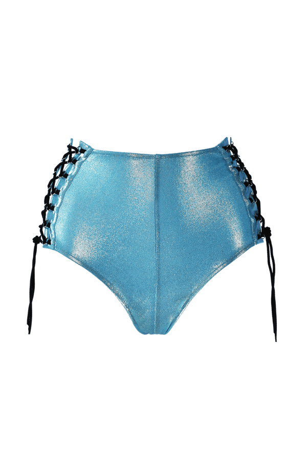 HIGH-WAISTED Lace-up Hot-Pant Bottoms - TURQ/AQUA Hologram - EXES LINGERIE