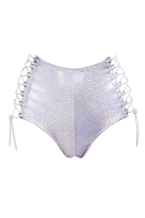 HIGH-WAISTED Lace-up Bottoms / WHITE Hologram - EXES LINGERIE