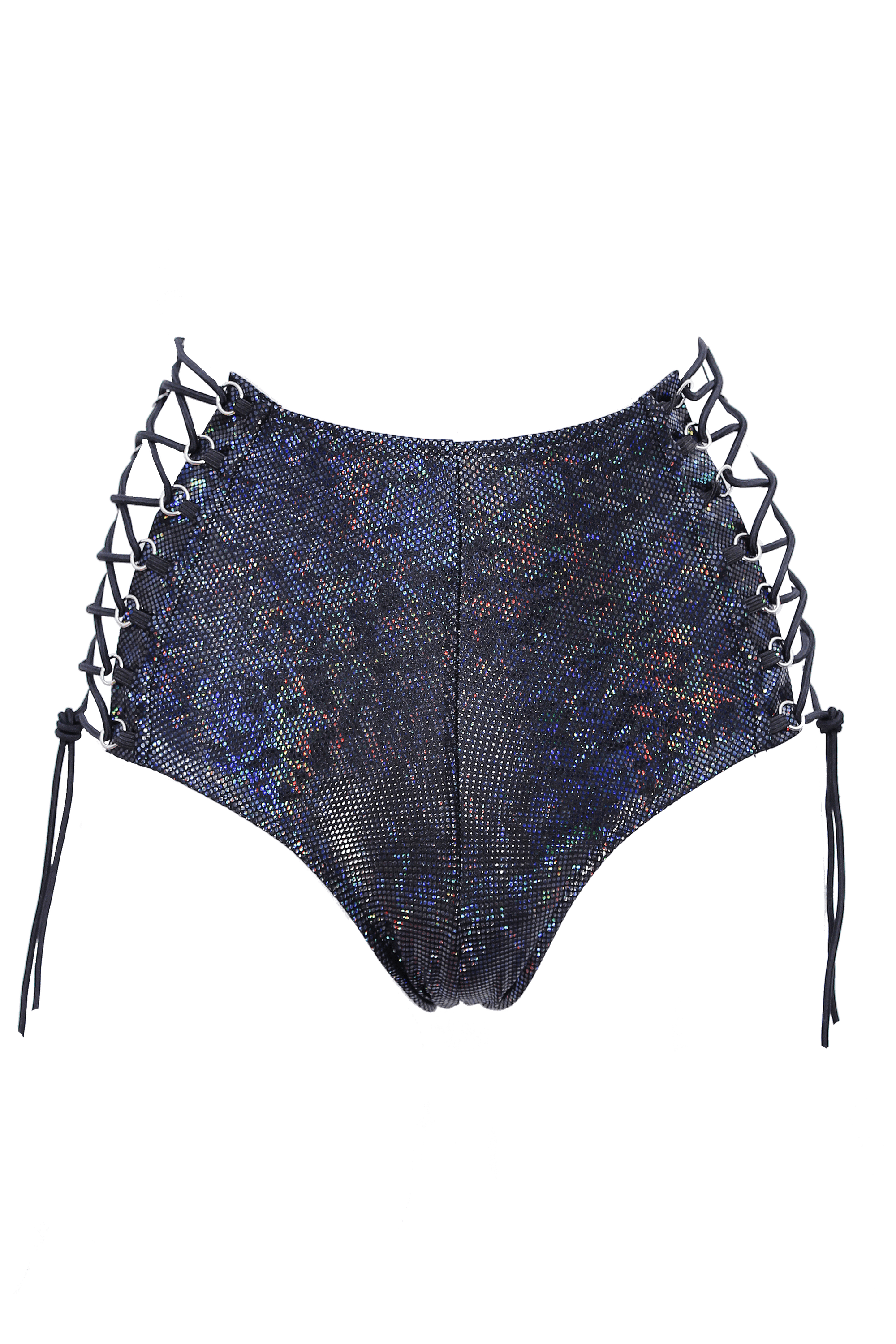 HIGH-WAIST Lace-up Bottom /  BLACK Hologram - EXES LINGERIE