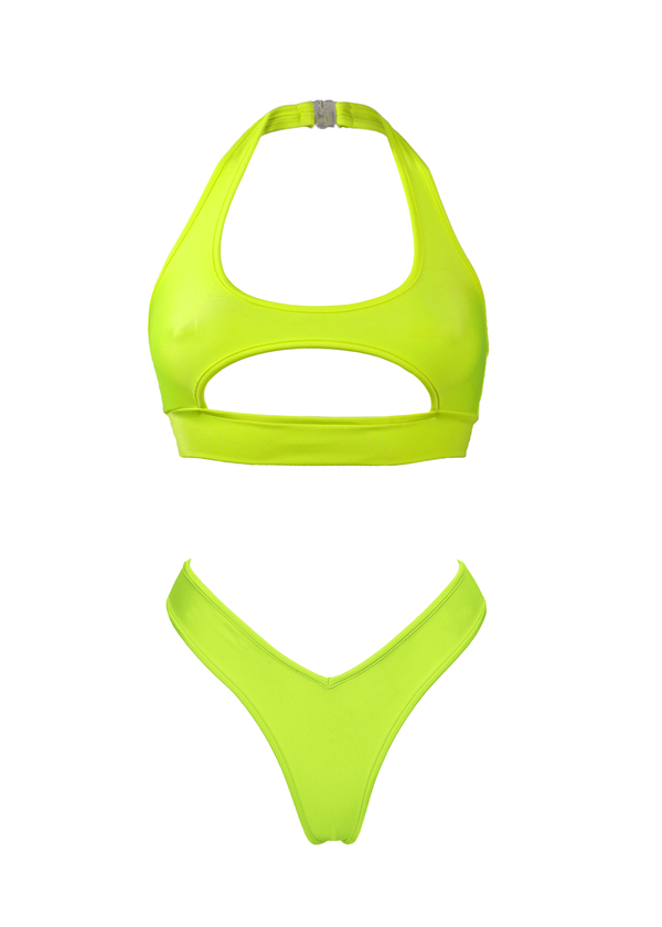 Cut-out TOP NINA + LULY THONG 2 pcs SET / NEON YELLOW - EXES LINGERIE