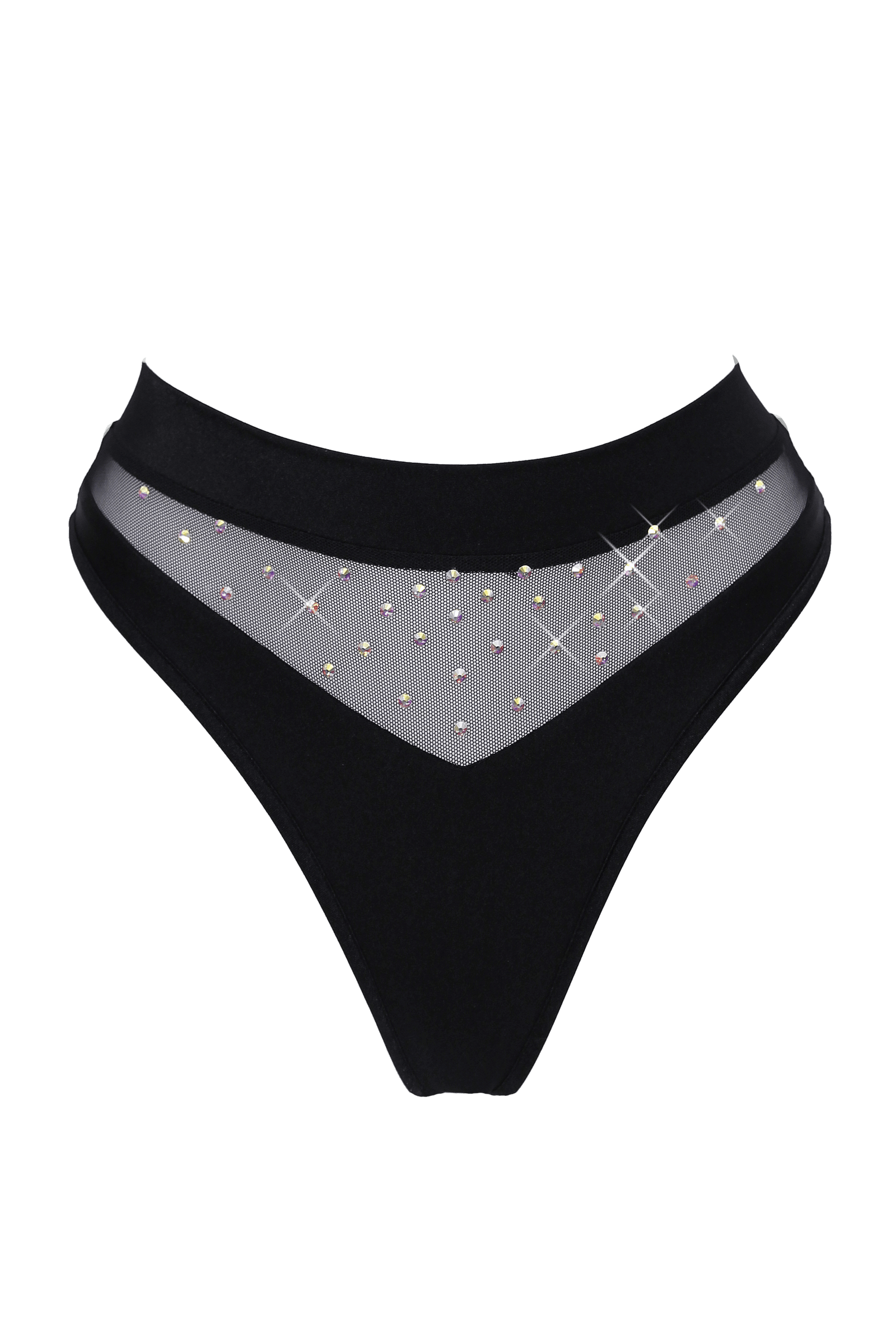 Sexy High-Cut Bottom BOND 1/2 Mesh With AB Crystals / BLACK - EXES LINGERIE