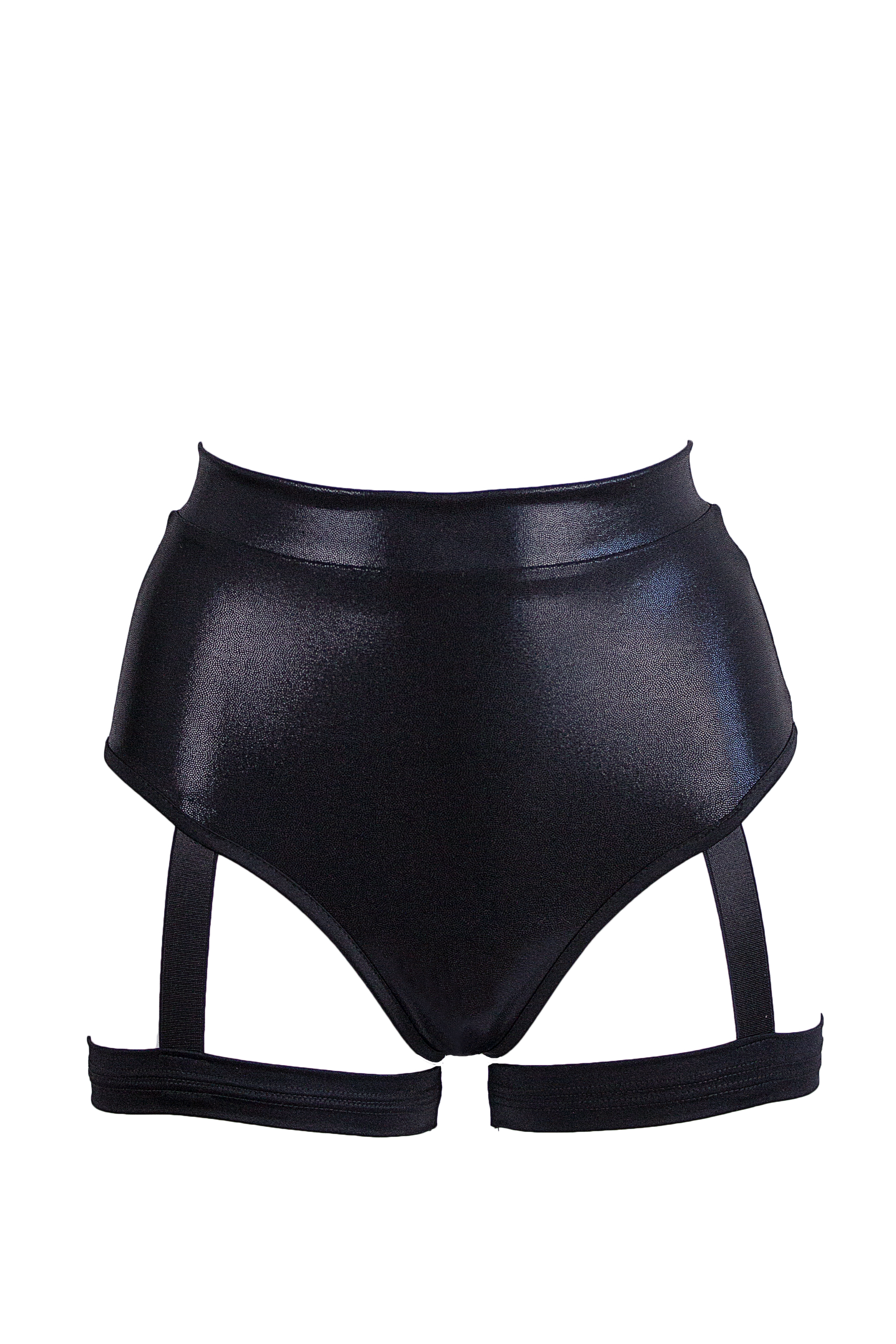 High waisted garter shorts Hologram Pole dance wear / HW GARTER HOLOGRAPHIC BLACK - EXES LINGERIE