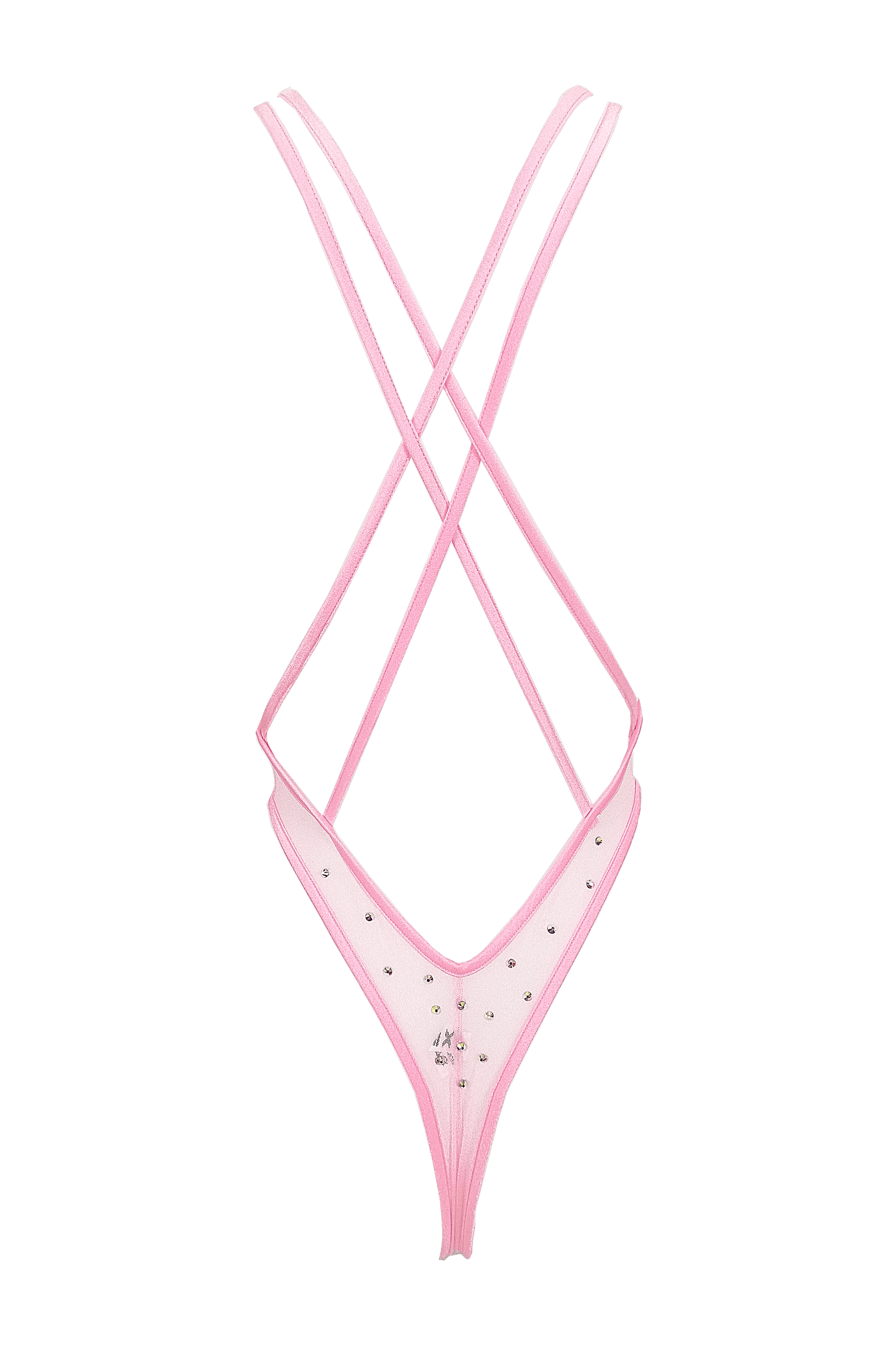 High Cut Bodysuit  SKINNY CRYSTAL  / Sexy Lingerie Sheer Mesh / BABY PINK - EXES LINGERIE