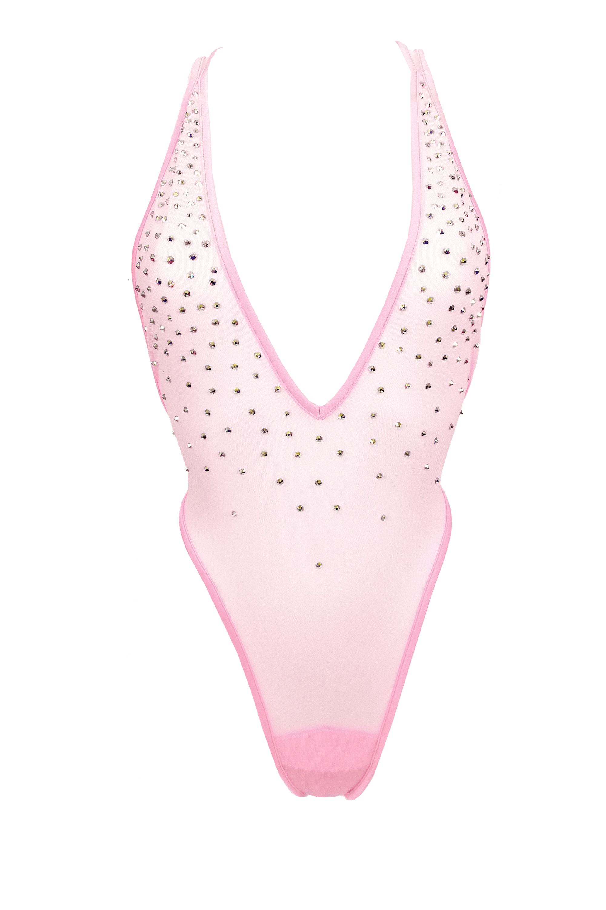 High Cut Bodysuit  SKINNY CRYSTAL  / Sexy Lingerie Sheer Mesh / BABY PINK - EXES LINGERIE