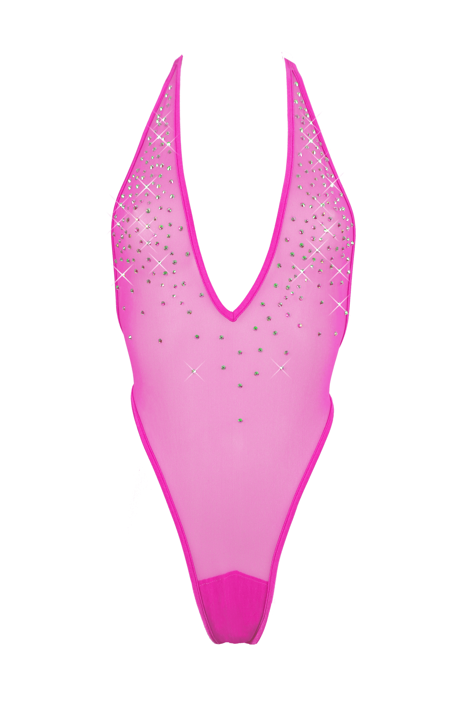 High Cut Bodysuit  SKINNY CRYSTAL  / Sexy Lingerie Sheer Mesh/ NEON PINK - EXES LINGERIE