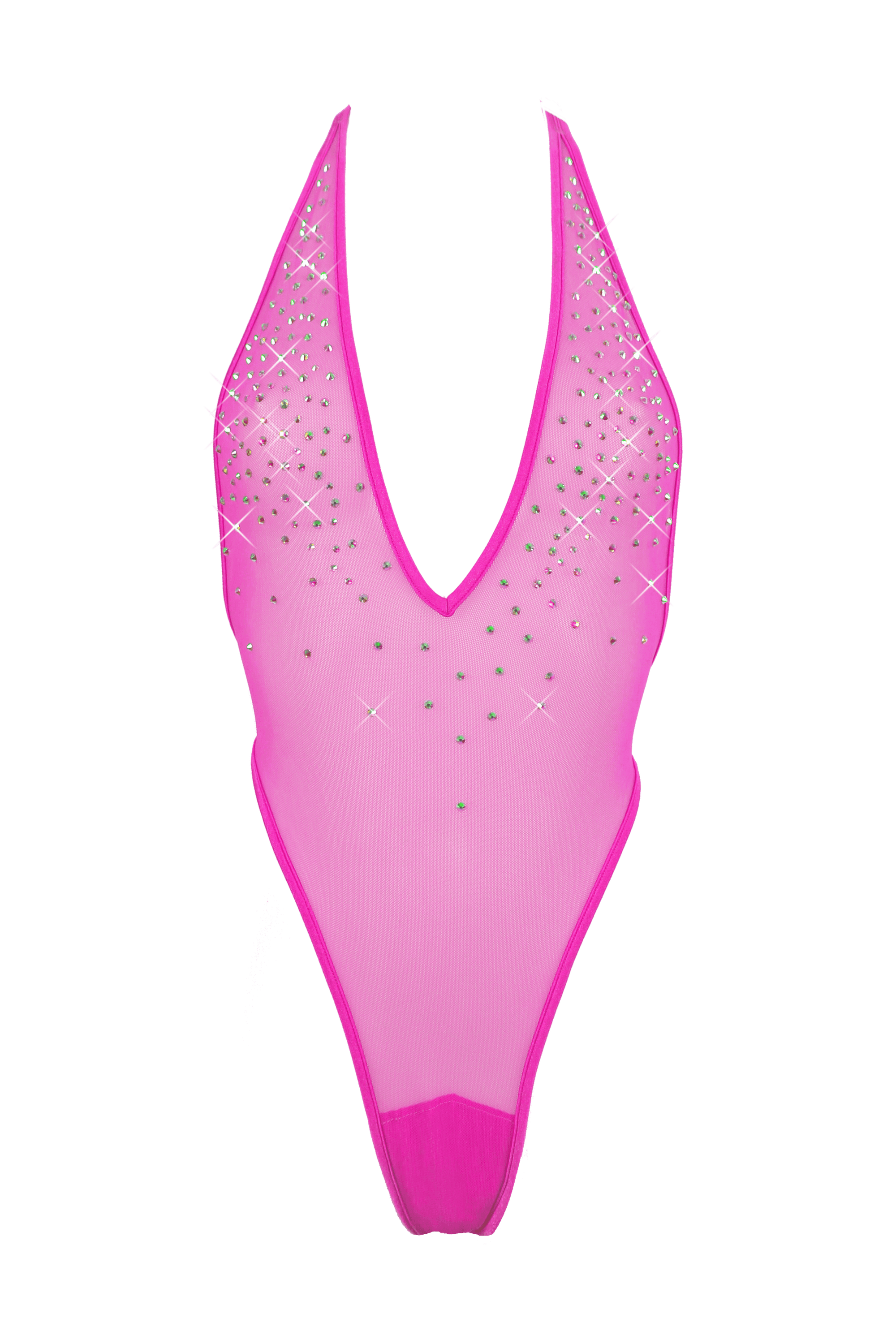 High Cut Bodysuit  SKINNY CRYSTAL  / Sexy Lingerie Sheer Mesh/ NEON PINK - EXES LINGERIE