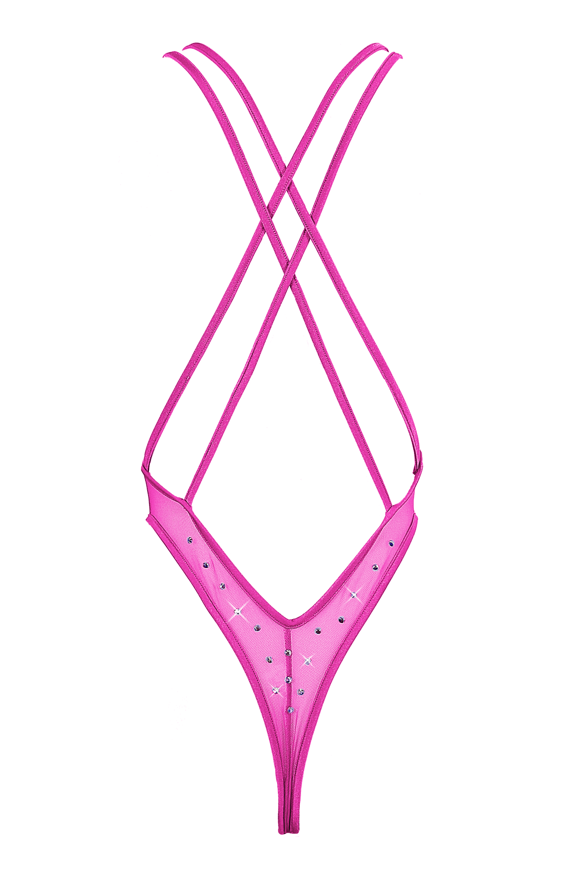 High Cut Bodysuit  SKINNY CRYSTAL  / Sexy Lingerie Sheer Mesh/ NEON PINK - EXES LINGERIE