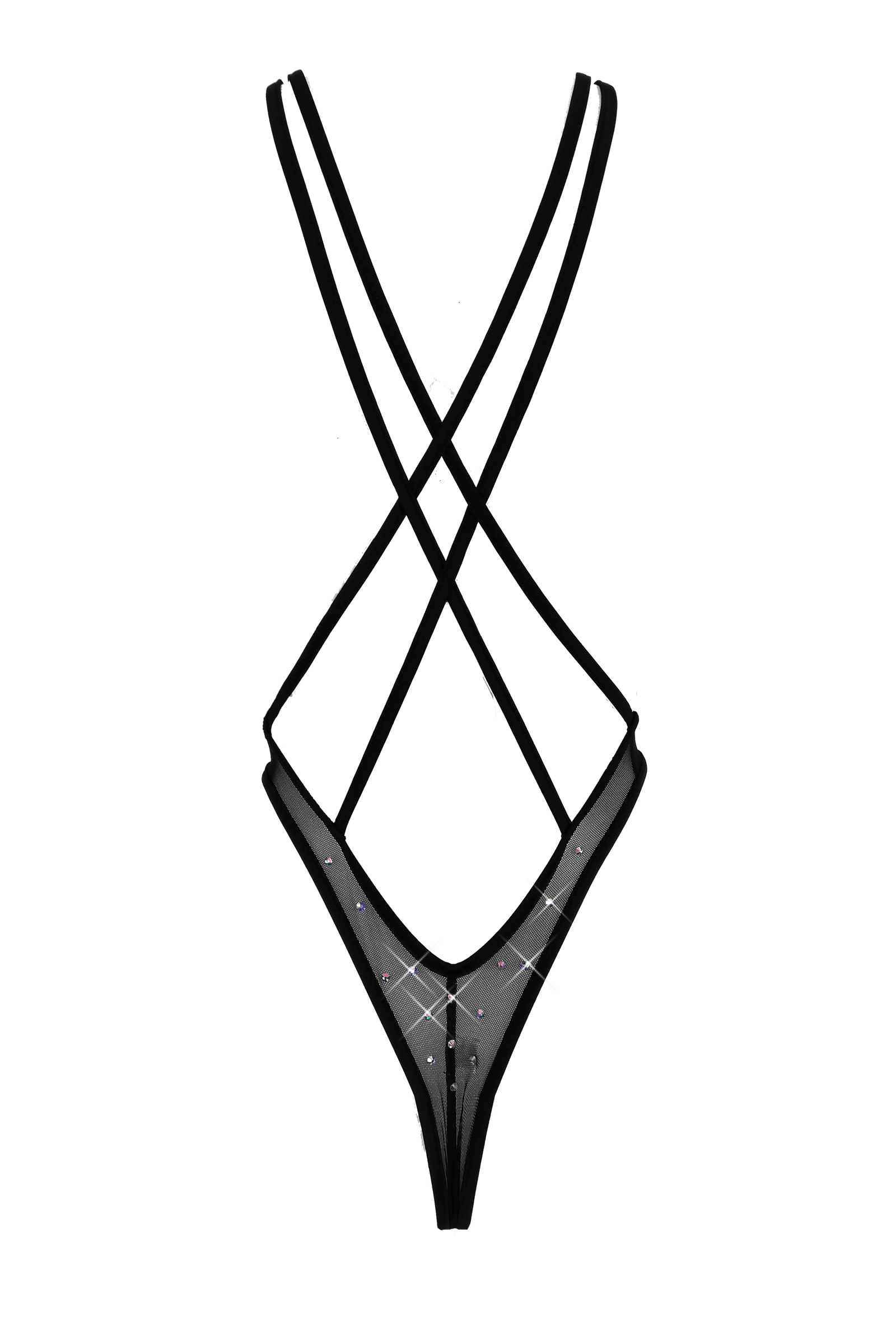 High Cut Bodysuit  SKINNY CRYSTAL  / Sexy Lingerie Sheer Mesh/ BLACK - EXES LINGERIE