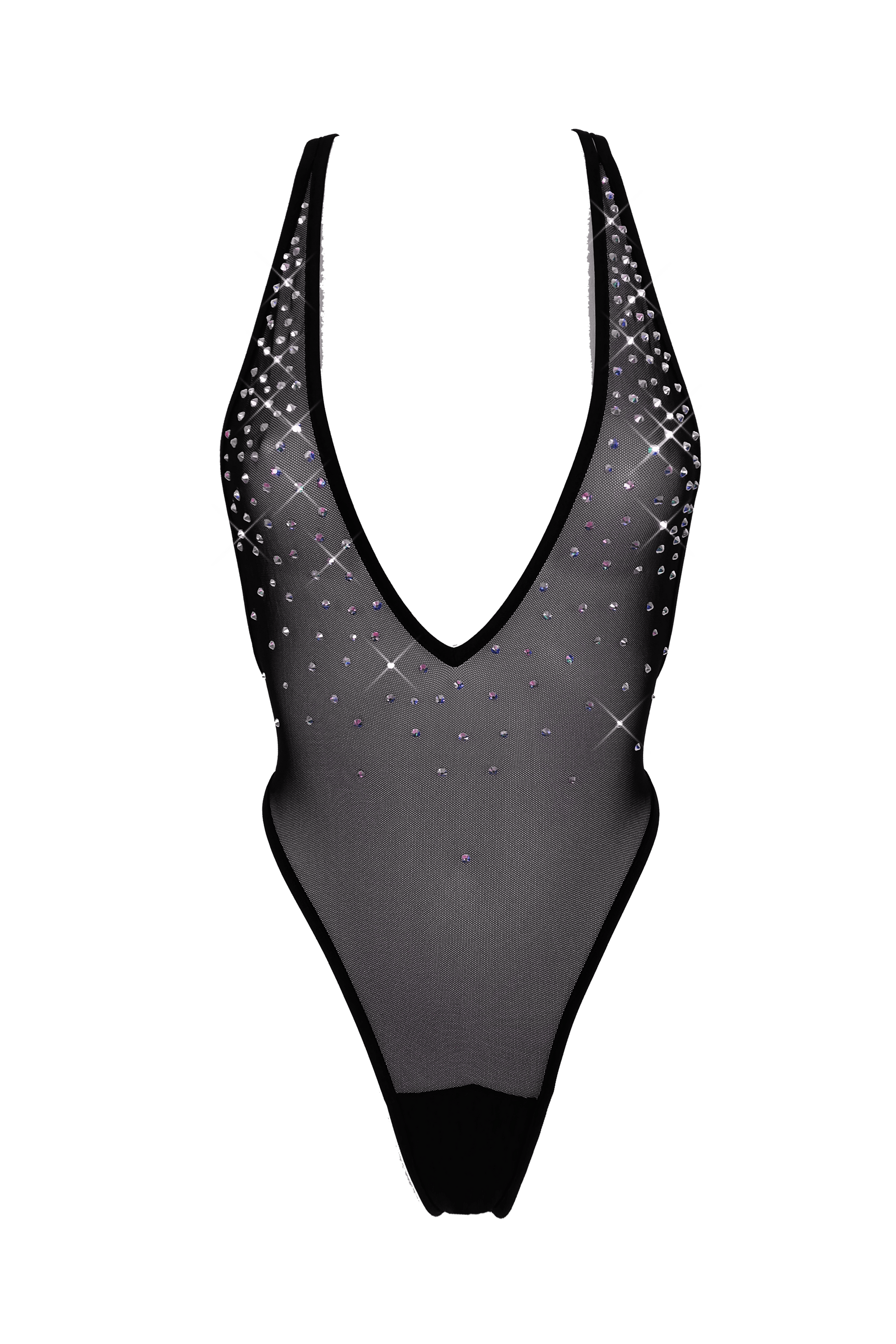 High Cut Bodysuit  SKINNY CRYSTAL  / Sexy Lingerie Sheer Mesh/ BLACK - EXES LINGERIE
