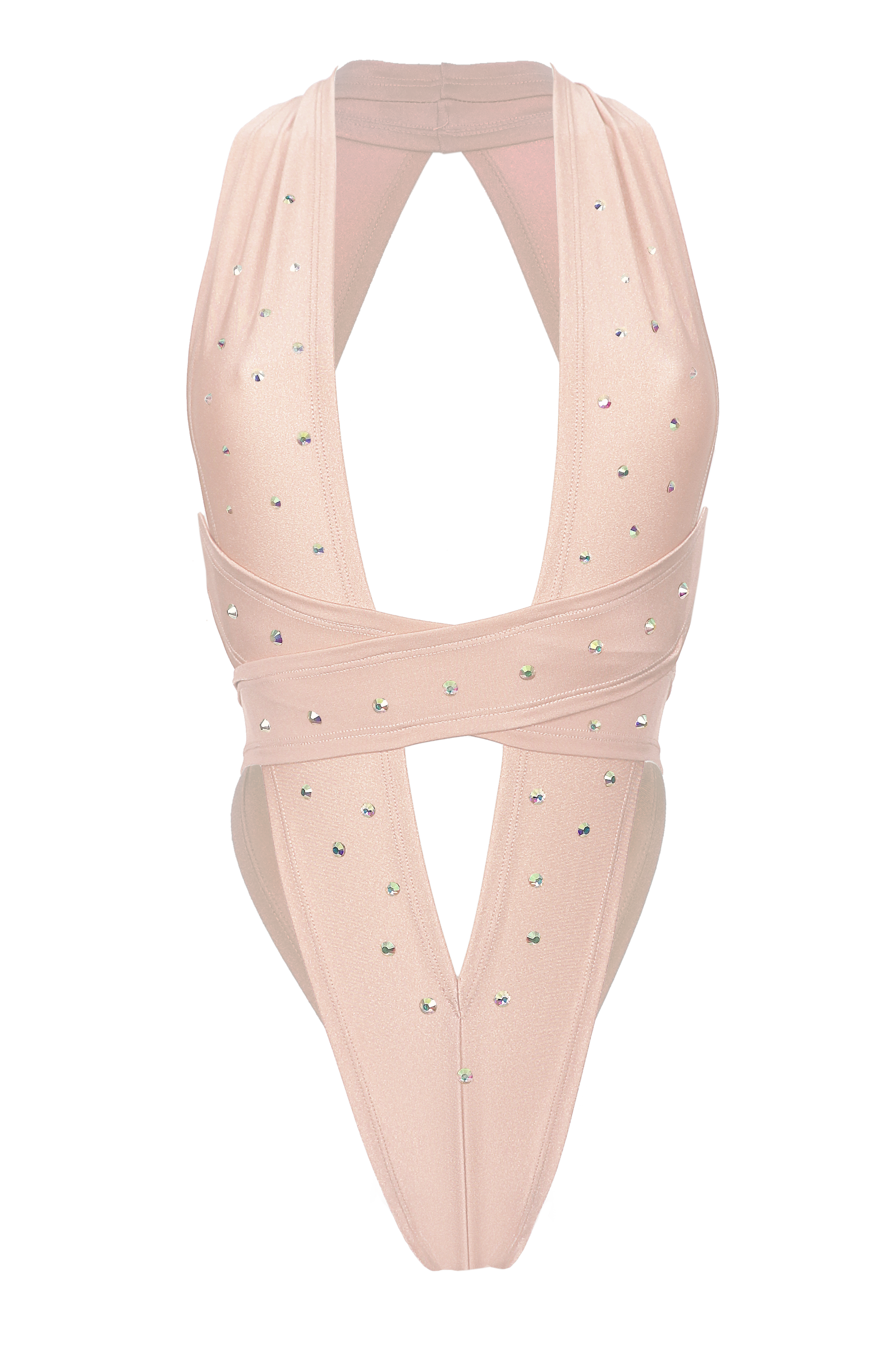 CRISS CROSS CRYSTAL Sexy High-Cut Bodysuit / Rave Bodysuit / FLESH - EXES LINGERIE