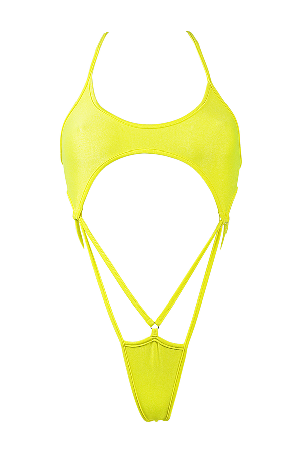 Cut-out Harness Bodysuit / Strappy Rave Swimsuit / FEVER NEON YELLOW,BODYSUITS - EXES LINGERIE