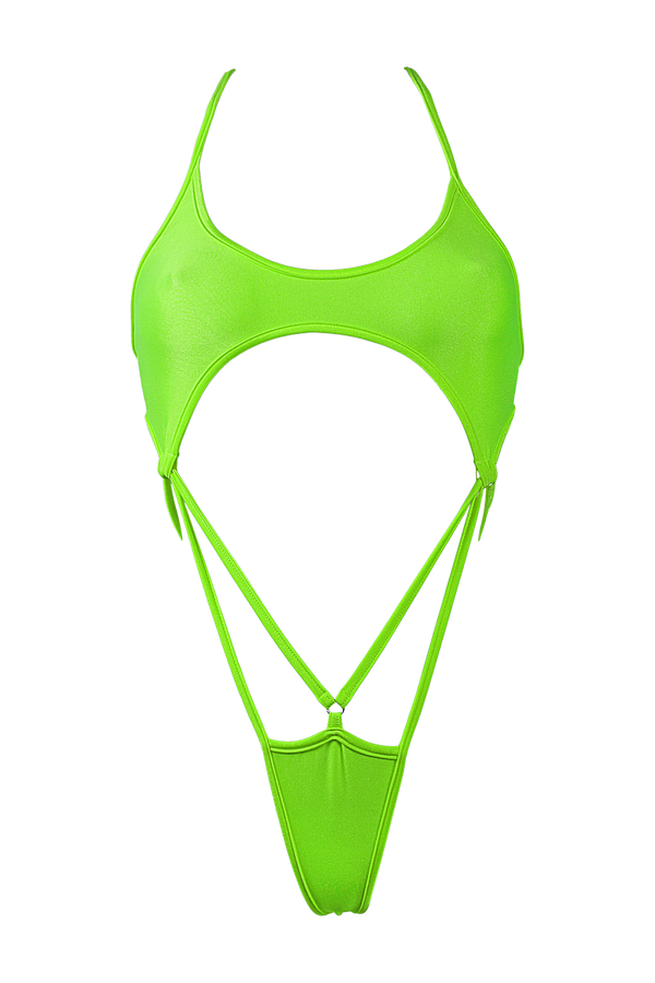 Cut-out Harness Bodysuit / Strappy Rave Swimsuit / FEVER NEON LIME