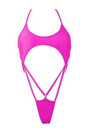 Cut-out Harness Bodysuit / Strappy Rave Swimsuit / FEVER NEON PINK