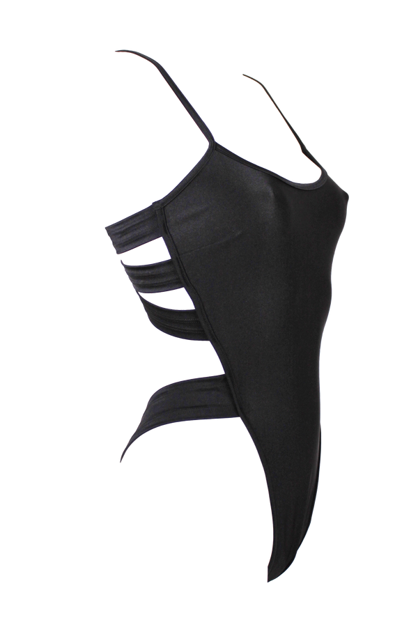 Sustainable Swimwear High-Cut Thong Bodysuit / STRAPPY BACK SWIM BLACK - EXES LINGERIE