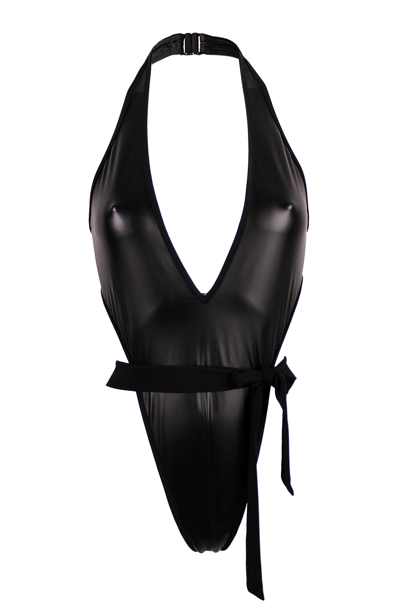 Wrap Tie deep plunge neckline Bodysuit / VICKY WET LOOK BLACK - EXES LINGERIE
