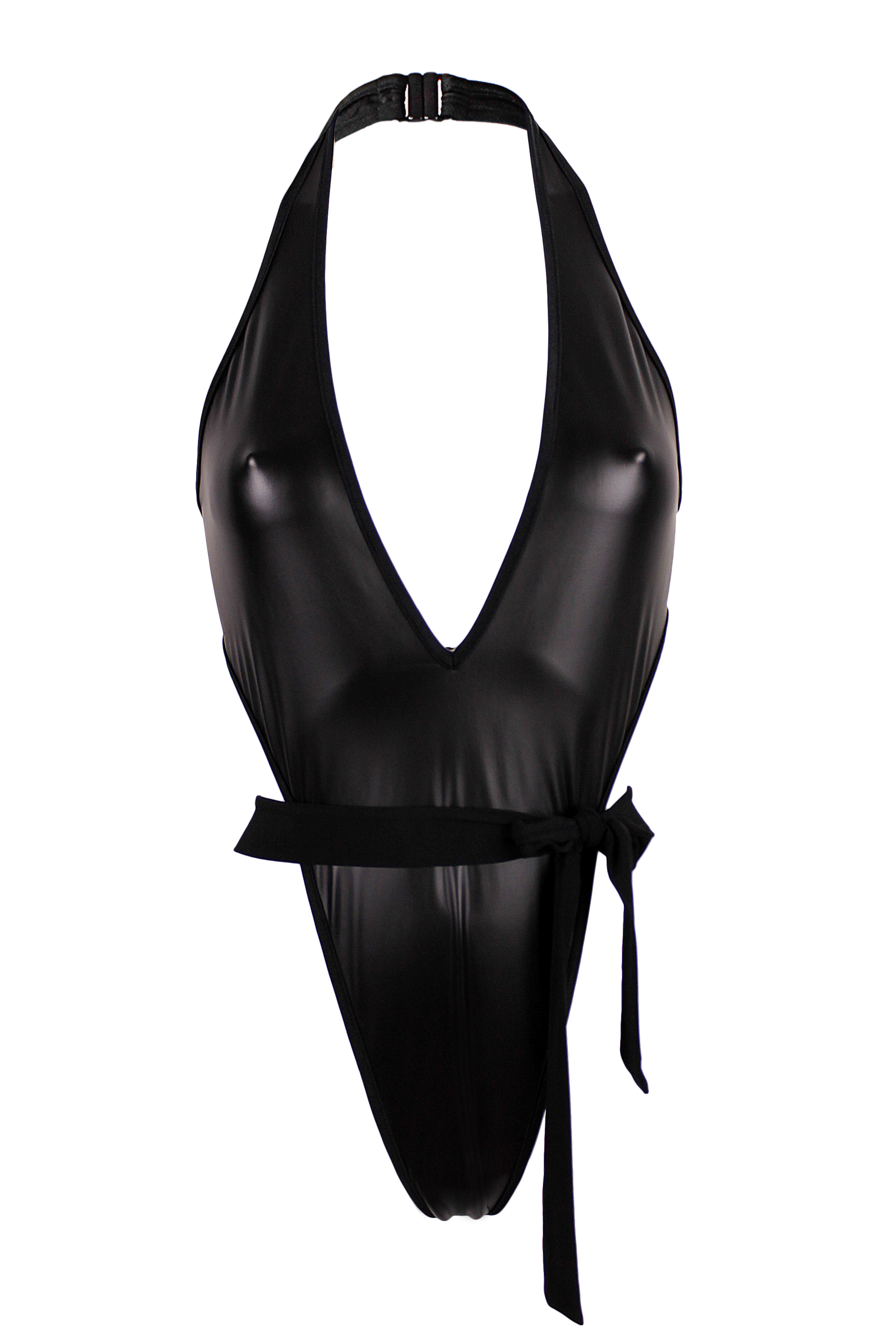 Wrap Tie deep plunge neckline Bodysuit / VICKY WET LOOK BLACK - EXES LINGERIE