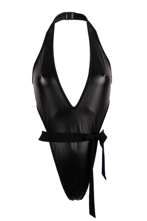 Wrap Tie deep plunge neckline Bodysuit / VICKY WET LOOK BLACK - EXES LINGERIE