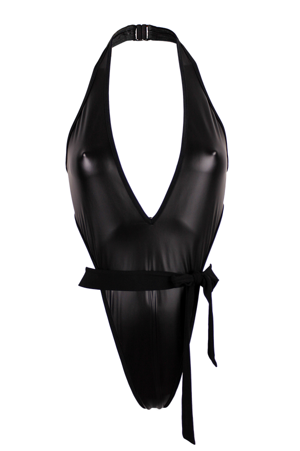 Wrap Tie deep plunge neckline Bodysuit / VICKY WET LOOK BLACK - EXES LINGERIE
