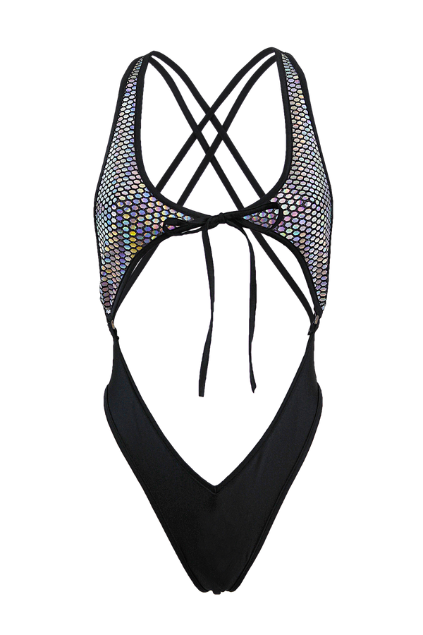 Tie front Holographic Bodysuit / SPICA PRISMA BODYSUIT - EXES LINGERIE