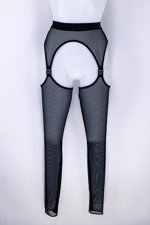 Cut-out Garter Thigh Leggings Stretch Mesh / Garter stockings Black Mesh - EXES LINGERIE