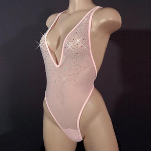 High Cut Bodysuit  SKINNY CRYSTAL  / Sexy Lingerie Sheer Mesh / BABY PINK - EXES LINGERIE