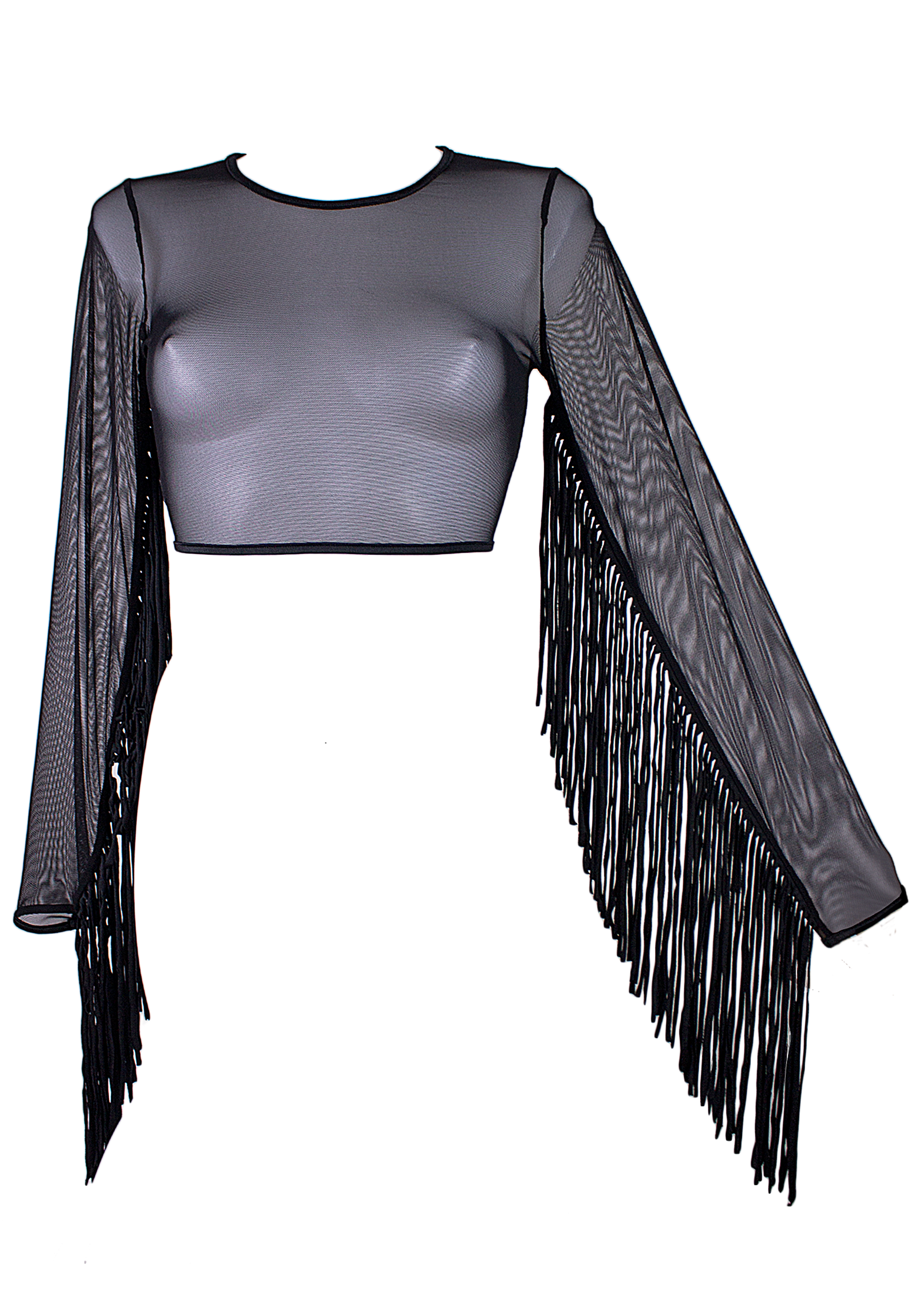 Crop Top Fringe Long Sleeve Mesh T-Shirt / Black Rave top - EXES LINGERIE