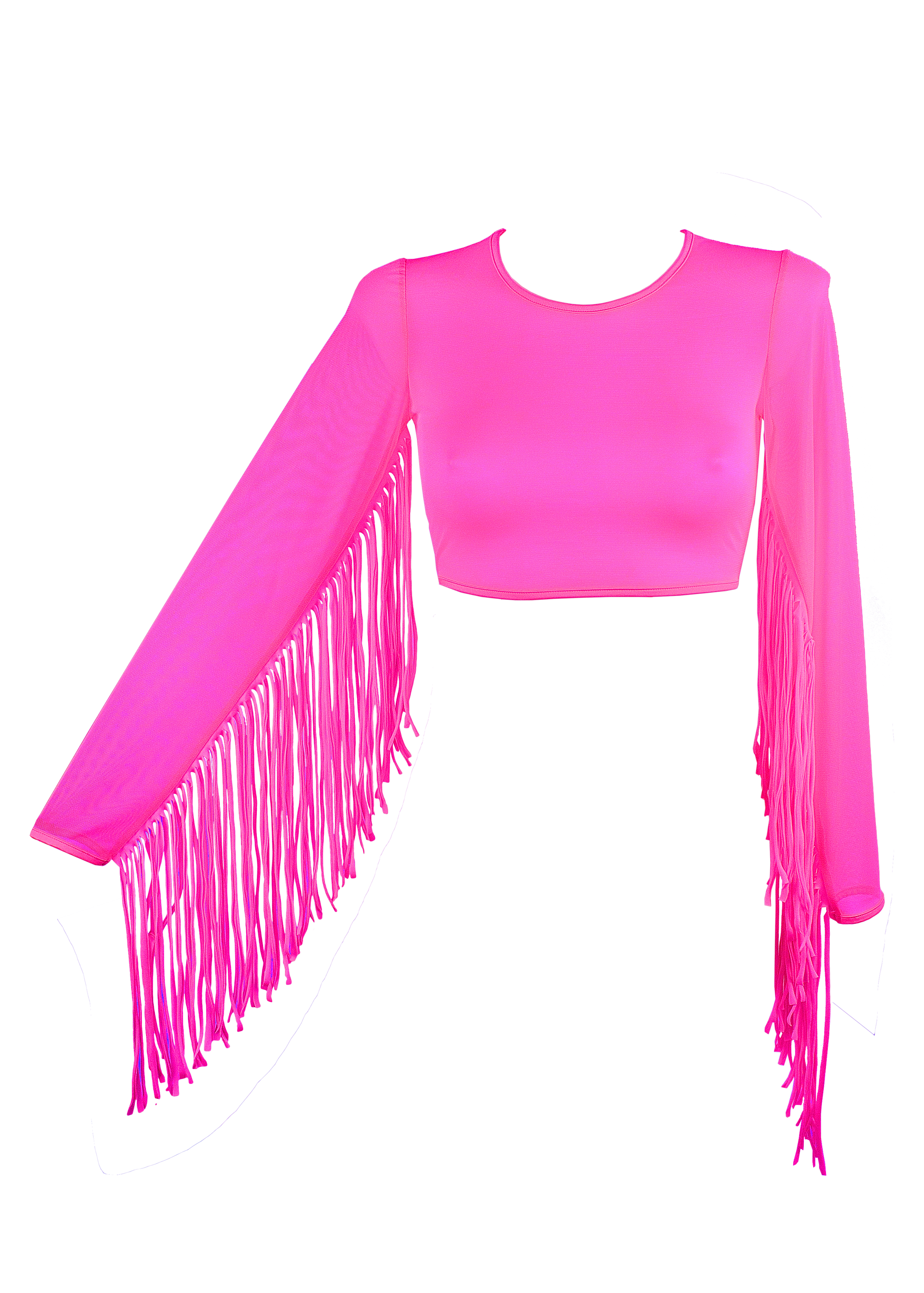 Crop Top Fringe Long Sleeve Mesh T-Shirt / Neon Pink Rave Top - EXES LINGERIE