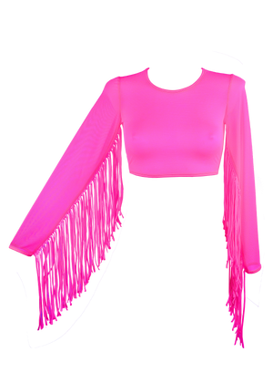 Crop Top Fringe Long Sleeve Mesh T-Shirt / Neon Pink Rave Top - EXES LINGERIE