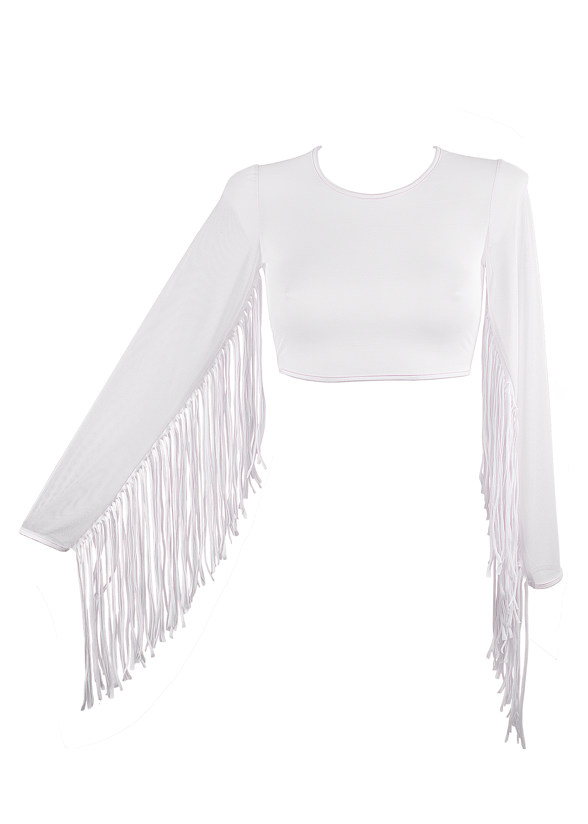 Crop Top Fringe Long Sleeve Mesh T-Shirt / White Rave Top - EXES LINGERIE