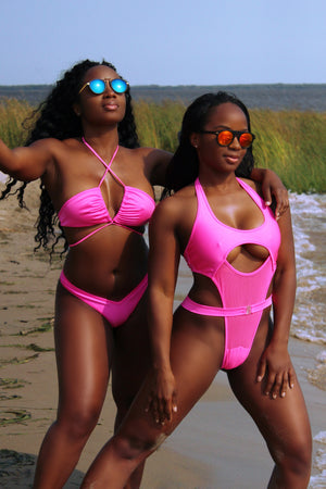 Sexy Swimsuit Wrap Tie Cut Out One Piece / NINA SWIM NEON PINK,BODYSUITS - EXES LINGERIE