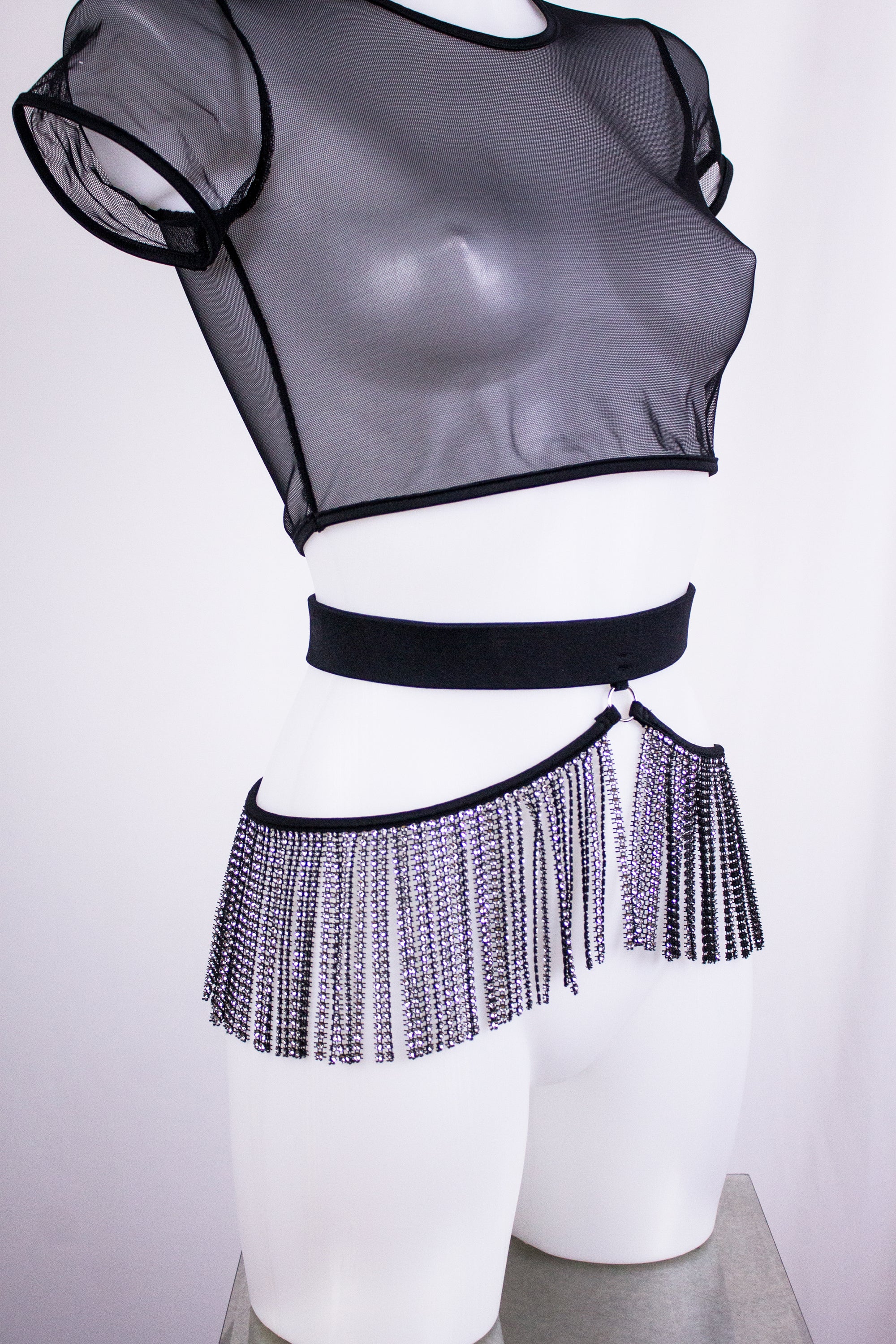 Rhinestone Fringes Belt / Festival fringes Skirt Belt / BLACK - EXES LINGERIE