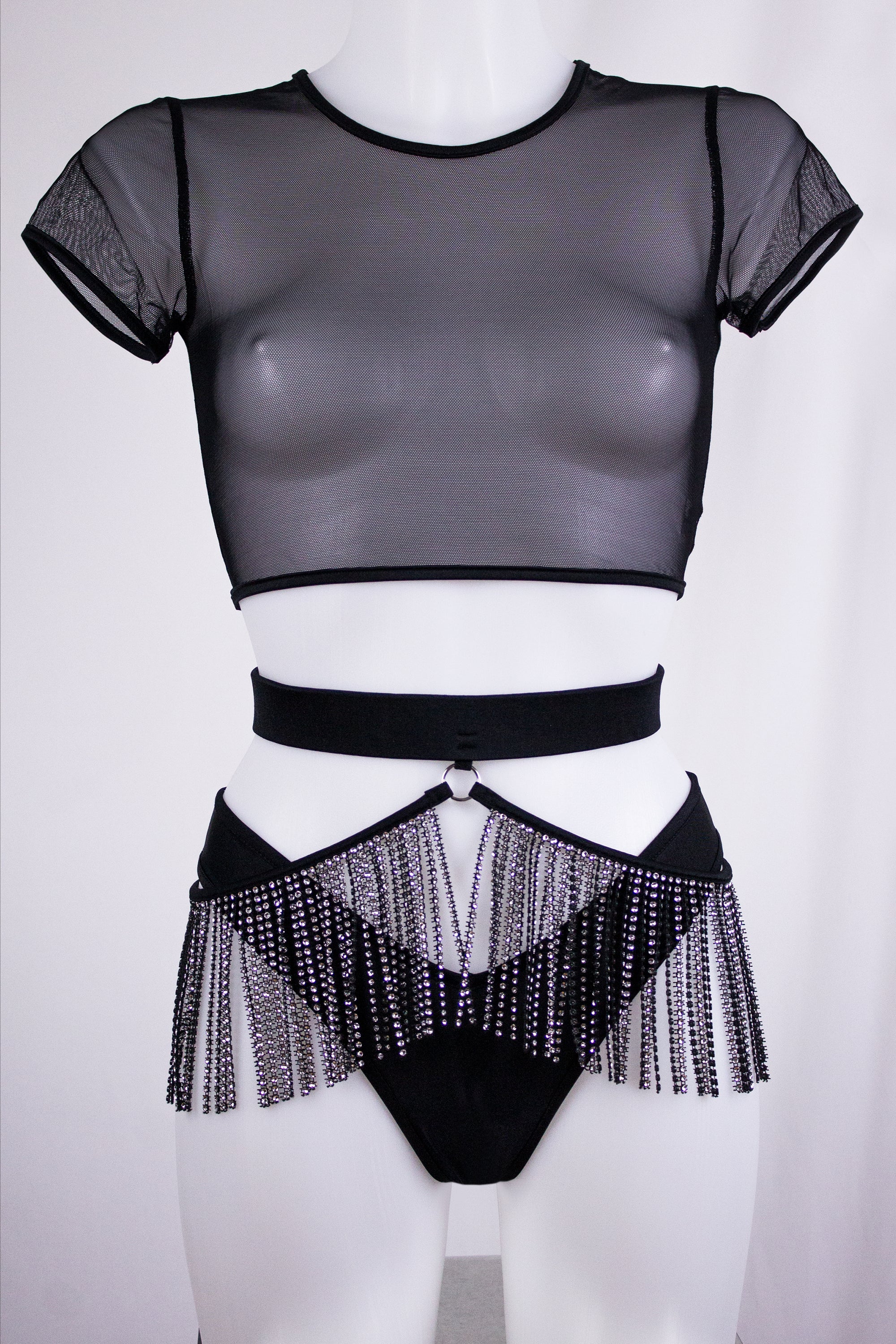 Rhinestone Fringes Belt / Festival fringes Skirt Belt / BLACK - EXES LINGERIE