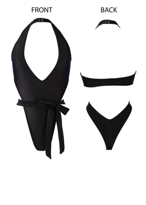 Plunge-Front Tie-Wrap One-Piece Swimsuit / VICKY SWIM BLACK - EXES LINGERIE